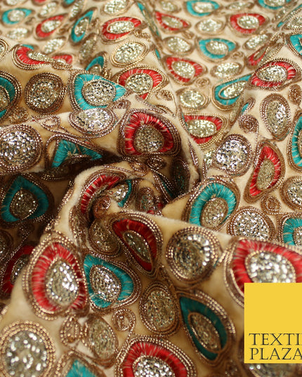 Ornate Leaf Design Embroidered Faux Taffeta Silk Dress Fabric Upholstery 42"