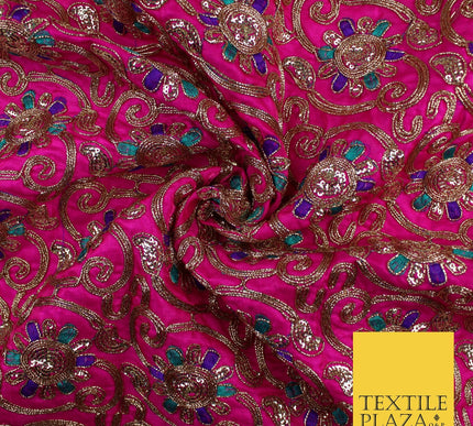 Flower Swirl Design Embroidered Faux Taffeta Silk Dress Fabric Upholstery 42"