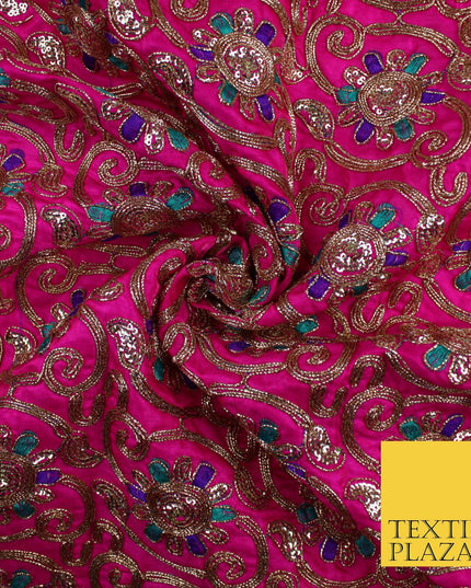 Flower Swirl Design Embroidered Faux Taffeta Silk Dress Fabric Upholstery 42"