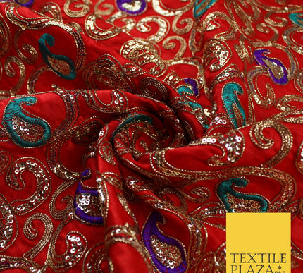 Paisley Swirl Design Embroidered Faux Taffeta Silk Dress Fabric Upholstery 42"