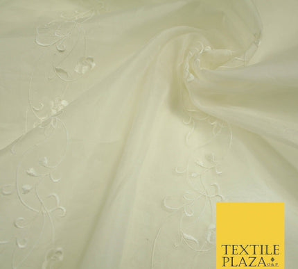Luxury Ivory Gold Self Floral Stripe Embroidered 100% PURE SILK ORGANZA Fabric