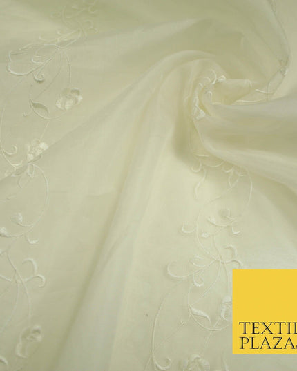 Luxury Ivory Gold Self Floral Stripe Embroidered 100% PURE SILK ORGANZA Fabric