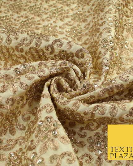 Gold Flower Design Embroidered Faux Taffeta Silk Dress Fabric Upholstery 42"