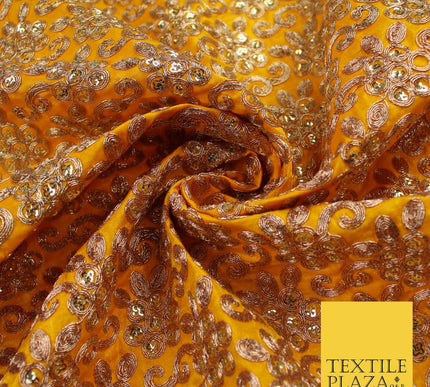 Gold Flower Design Embroidered Faux Taffeta Silk Dress Fabric Upholstery 42"