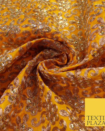 Gold Flower Design Embroidered Faux Taffeta Silk Dress Fabric Upholstery 42"