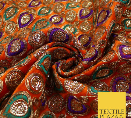 Ornate Leaf Design Embroidered Faux Taffeta Silk Dress Fabric Upholstery 42"