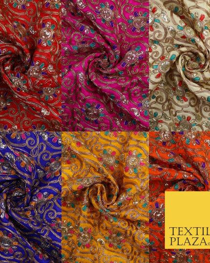 Flower Swirl Design Embroidered Faux Taffeta Silk Dress Fabric Upholstery 42"