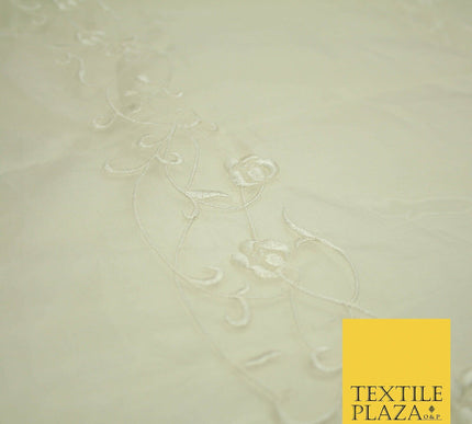 Luxury Ivory Gold Self Floral Stripe Embroidered 100% PURE SILK ORGANZA Fabric