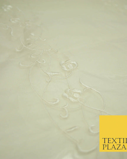 Luxury Ivory Gold Self Floral Stripe Embroidered 100% PURE SILK ORGANZA Fabric