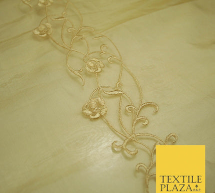 Luxury Ivory Gold Self Floral Stripe Embroidered 100% PURE SILK ORGANZA Fabric