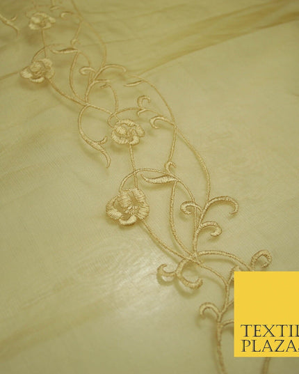 Luxury Ivory Gold Self Floral Stripe Embroidered 100% PURE SILK ORGANZA Fabric