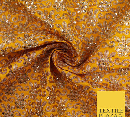 Gold Flower Design Embroidered Faux Taffeta Silk Dress Fabric Upholstery 42"