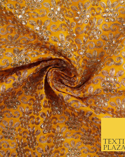 Gold Flower Design Embroidered Faux Taffeta Silk Dress Fabric Upholstery 42"