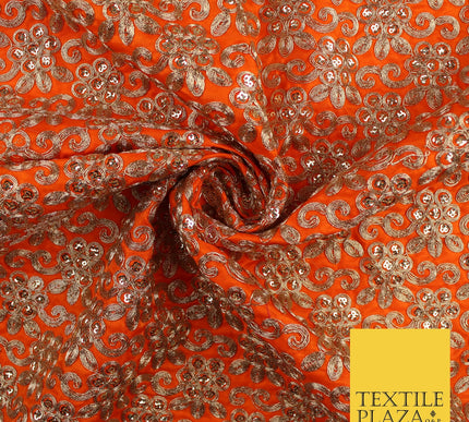 Gold Flower Design Embroidered Faux Taffeta Silk Dress Fabric Upholstery 42"