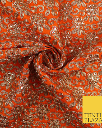 Gold Flower Design Embroidered Faux Taffeta Silk Dress Fabric Upholstery 42"