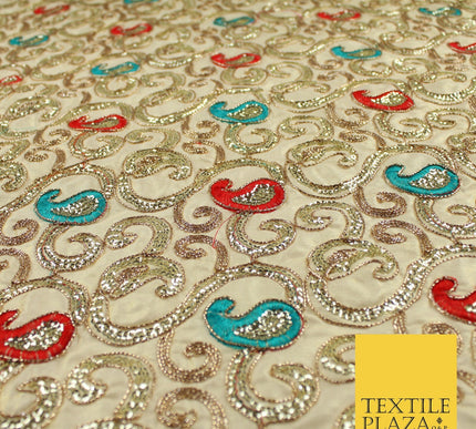 Paisley Swirl Design Embroidered Faux Taffeta Silk Dress Fabric Upholstery 42"