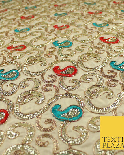 Paisley Swirl Design Embroidered Faux Taffeta Silk Dress Fabric Upholstery 42"