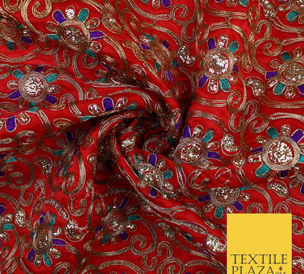 Flower Swirl Design Embroidered Faux Taffeta Silk Dress Fabric Upholstery 42"