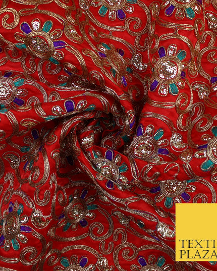Flower Swirl Design Embroidered Faux Taffeta Silk Dress Fabric Upholstery 42"