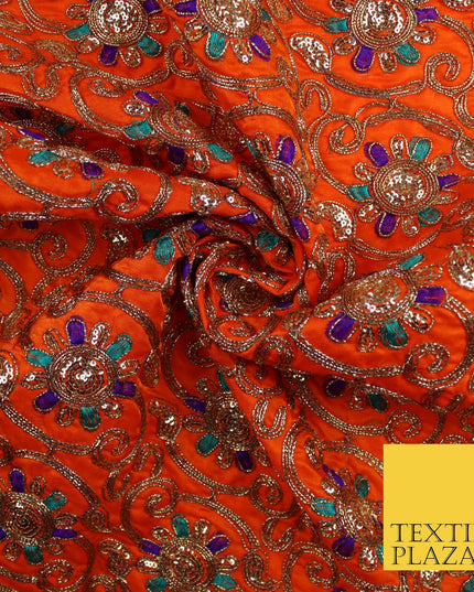 Flower Swirl Design Embroidered Faux Taffeta Silk Dress Fabric Upholstery 42"