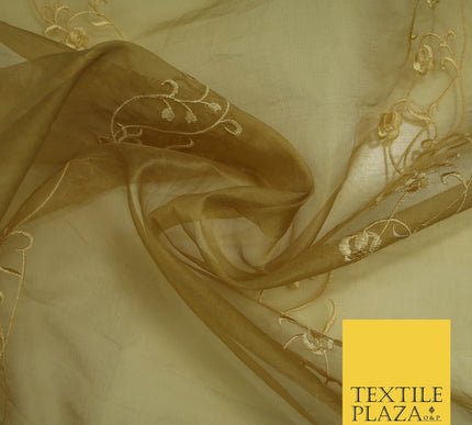 Luxury Ivory Gold Self Floral Stripe Embroidered 100% PURE SILK ORGANZA Fabric