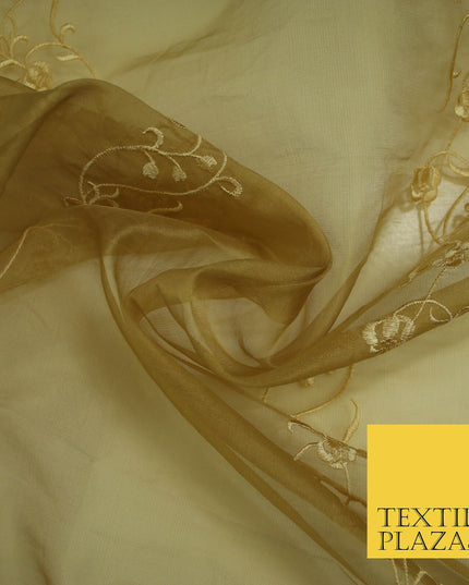 Luxury Ivory Gold Self Floral Stripe Embroidered 100% PURE SILK ORGANZA Fabric