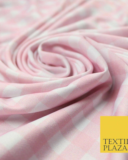 Premium Baby Pink White Gingham Check Printed Scuba Jersey Fabric Craft 57" 4423