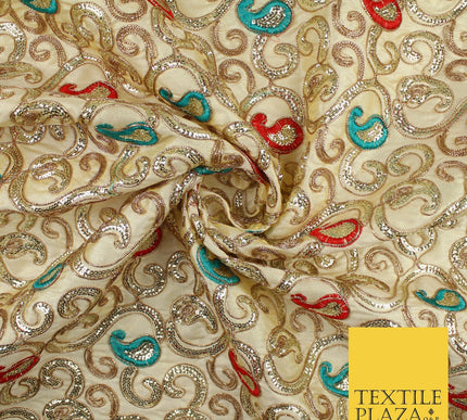 Paisley Swirl Design Embroidered Faux Taffeta Silk Dress Fabric Upholstery 42"