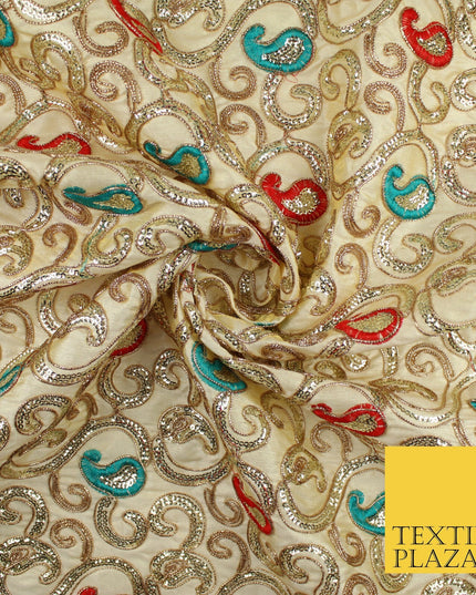 Paisley Swirl Design Embroidered Faux Taffeta Silk Dress Fabric Upholstery 42"