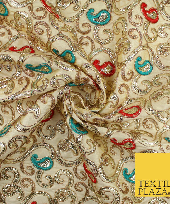 Paisley Swirl Design Embroidered Faux Taffeta Silk Dress Fabric Upholstery 42"
