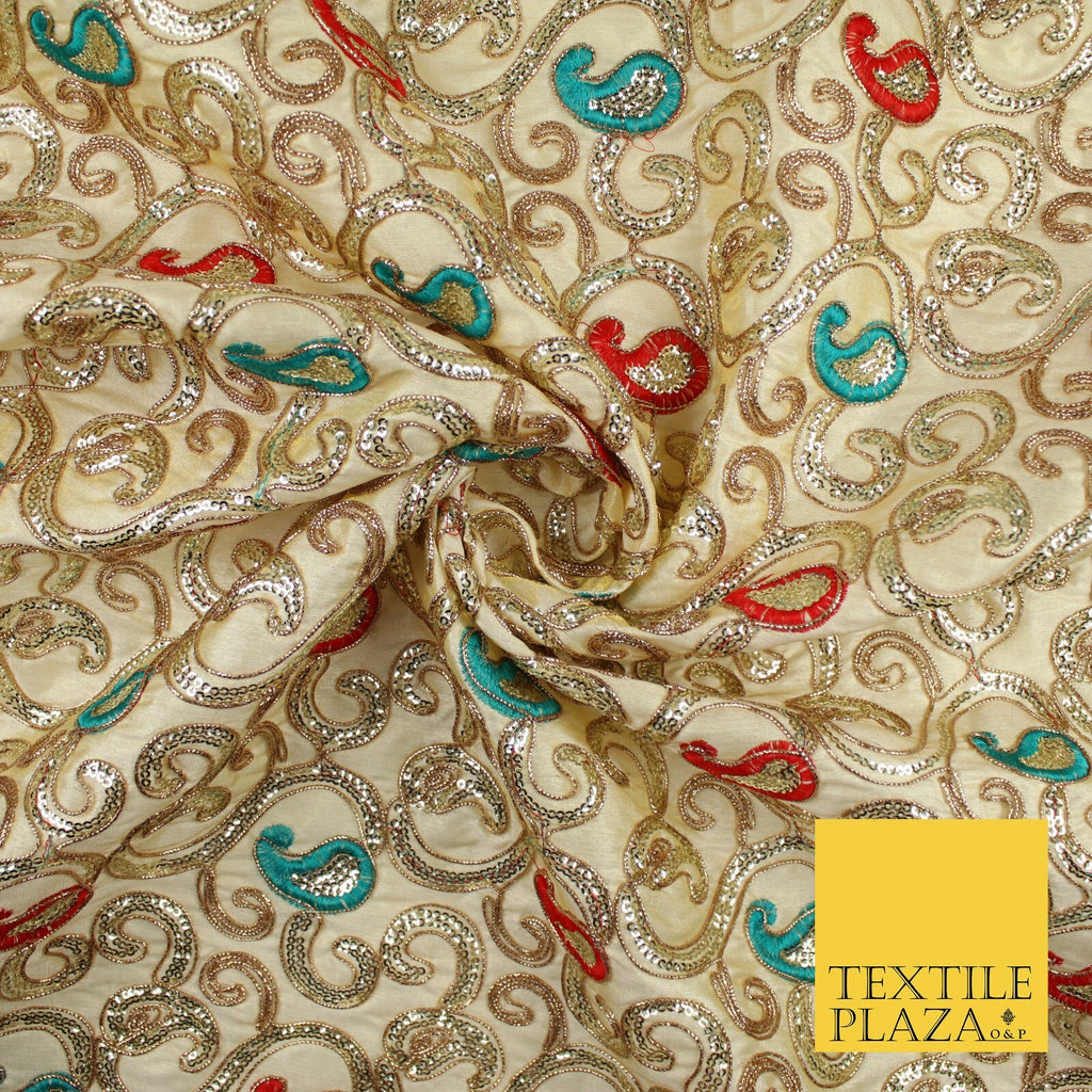 Paisley Swirl Design Embroidered Faux Taffeta Silk Dress Fabric Upholstery 42"