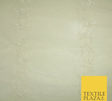 Luxury Ivory Gold Self Floral Stripe Embroidered 100% PURE SILK ORGANZA Fabric