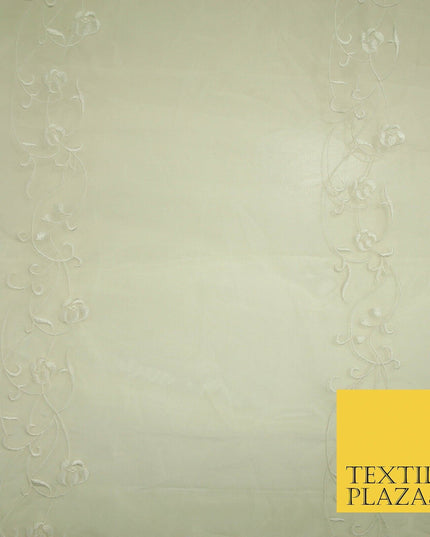 Luxury Ivory Gold Self Floral Stripe Embroidered 100% PURE SILK ORGANZA Fabric