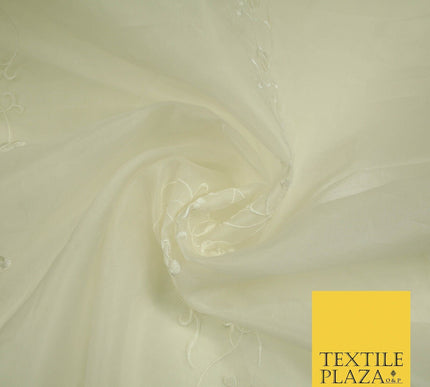 Luxury Ivory Gold Self Floral Stripe Embroidered 100% PURE SILK ORGANZA Fabric