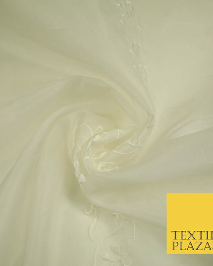 Luxury Ivory Gold Self Floral Stripe Embroidered 100% PURE SILK ORGANZA Fabric