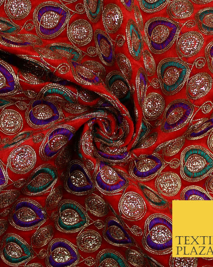 Ornate Leaf Design Embroidered Faux Taffeta Silk Dress Fabric Upholstery 42"