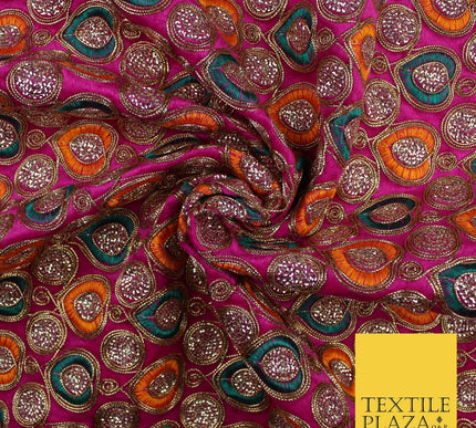 Ornate Leaf Design Embroidered Faux Taffeta Silk Dress Fabric Upholstery 42"