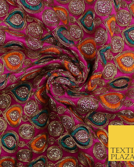 Ornate Leaf Design Embroidered Faux Taffeta Silk Dress Fabric Upholstery 42"