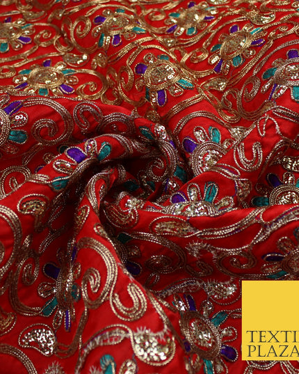 Flower Swirl Design Embroidered Faux Taffeta Silk Dress Fabric Upholstery 42"