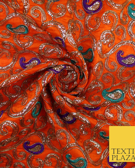 Paisley Swirl Design Embroidered Faux Taffeta Silk Dress Fabric Upholstery 42"