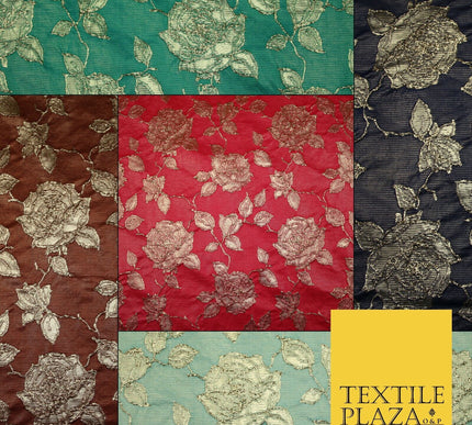 Luxury Textured Gold Floral Rose Brocade Dress Fabric Metallic Fancy 5 COLOURS