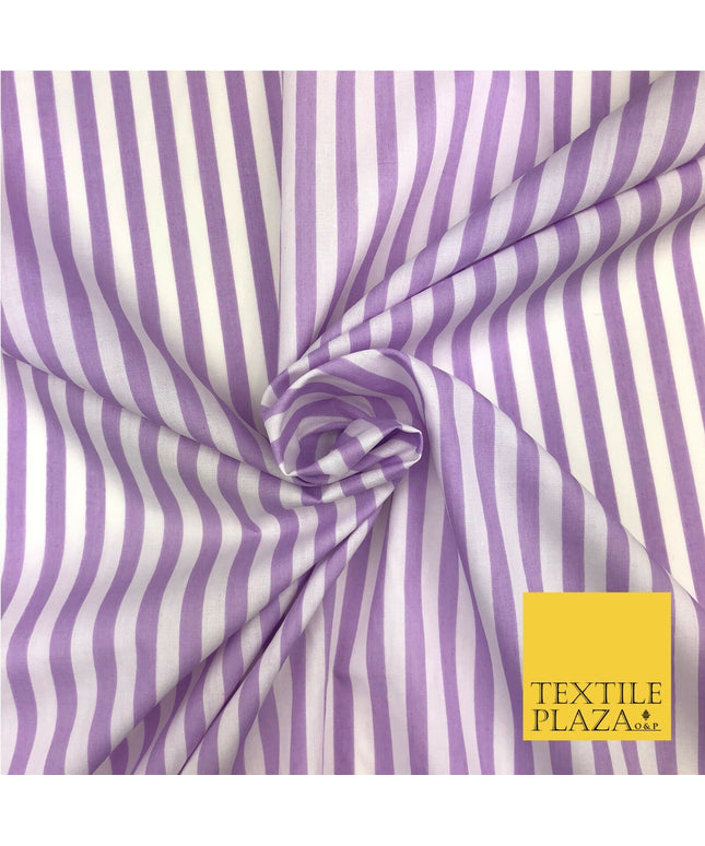 7mm Lilac & White Stripe Poly Cotton Fabric Lines Dress Craft  - RB558