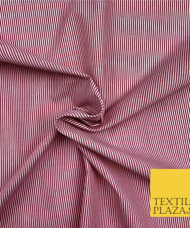 Burgundy Maroon Fine Stripe Poly Cotton Fabric White Lines Dress Craft - QD249