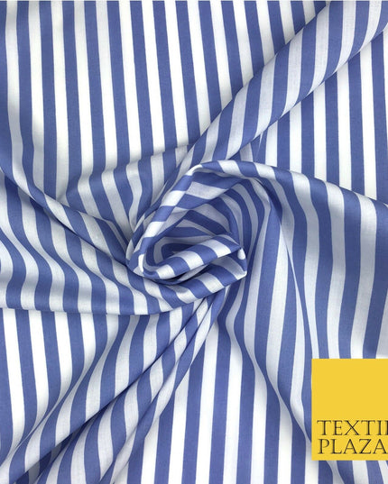 7mm Blue & White Stripe Poly Cotton Fabric Lines Dress Craft  - RB559