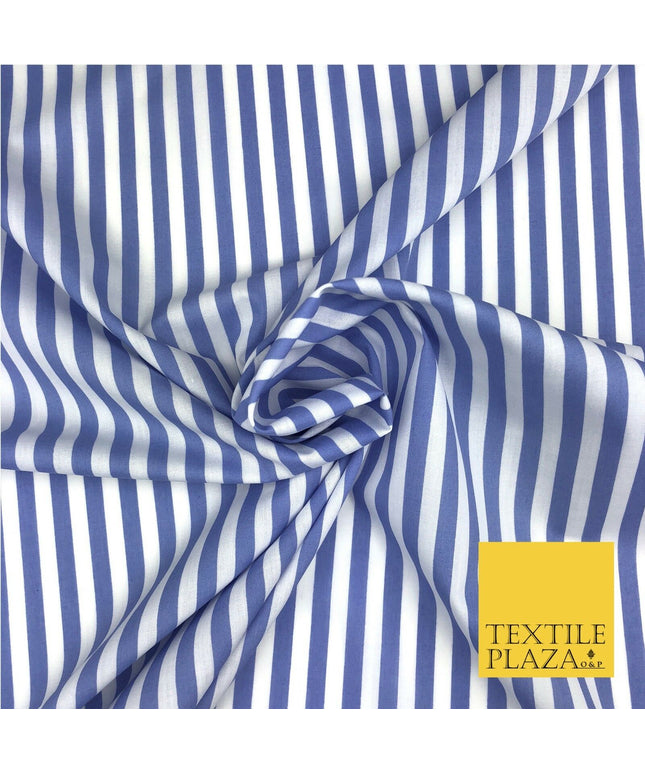 7mm Blue & White Stripe Poly Cotton Fabric Lines Dress Craft  - RB559