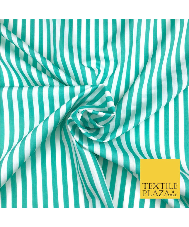 7mm Mint Green & White Stripe Poly Cotton Fabric Lines Dress Craft  - RB575