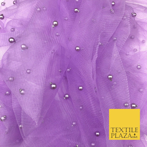 LAVENDER PURPLE Studded Pearl Mesh Net Fabric Bridal Sheer Craft Dress N1105