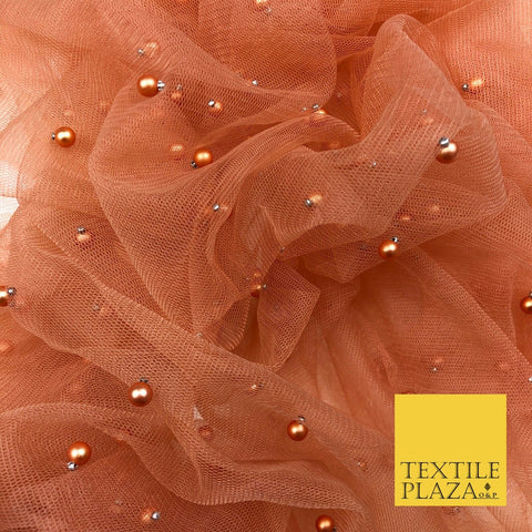 RUST Studded Pearl Mesh Net Fabric Bridal Sheer Craft Dress N1103