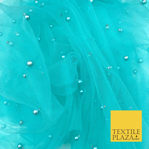 AQUA / SEA GREEN Studded Pearl Mesh Net Fabric Bridal Sheer Craft Dress N1113
