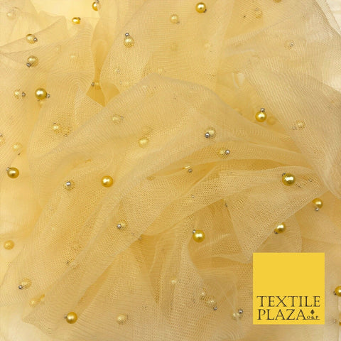 LIGHT YELLOW LEMON Studded Pearl Mesh Net Fabric Bridal Sheer Craft Dress N1104